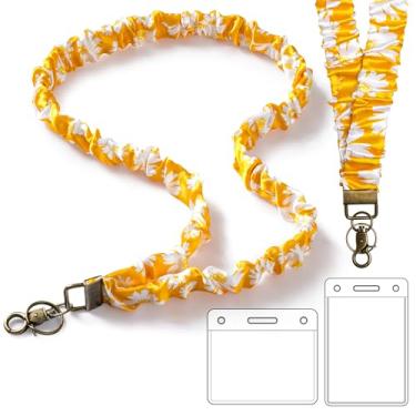 Imagem de Cordão Scrunchie com porta-crachás de identificação para mulheres, cordões elásticos para professores, cordão de pescoço fofo para chaves (girassol)