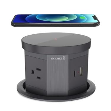 Imagem de PICXSIKB Tomada Pop-Up Para Bancada - Elétrica Automática Redonda Oculta De 4,33 Polegadas Com Carregador Sem Fio 15 W, 1 Plugue Usb-A, Usb-C E 3 Plugues Ac, Cabo 1,5 M Casa, Escritório, Cozinha (Ci