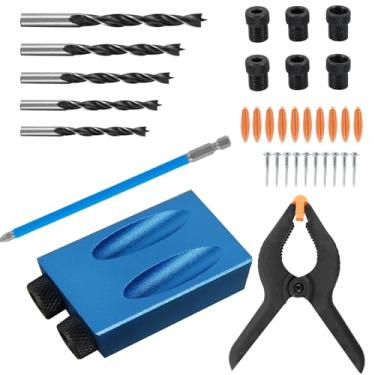Imagem de Kit de gabarito de orifício de bolso com 34 peças, liga de alumínio, posicionador de perfuração de furos angulares de 15° com 5 brocas, guia de fixação de perfuração portátil para carpintaria
