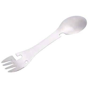 Imagem de Pilipane Colher multifuncional portátil, garfo, abridor de latas, cortador de dente de serra, aço inoxidável, conjunto de utensílios de acampamento para viagens ao ar livre e uso diário, prata, 17,5