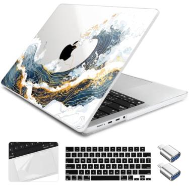 Imagem de Yebiseven Capa para MacBook Pro M4/M3 16 polegadas 2024 2023 2021 modelo A3403/A3186/A2991/A2485/A2780, capa rígida com capa de teclado, protetor de trackpad e adaptador OTG, ilustração de onda