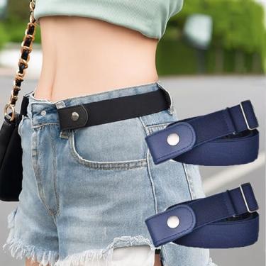 Imagem de 2 peças de cinto elástico sem fivela para homens e mulheres, cinto elástico invisível sem fivela com ajuste ajustável, cintura confortável para jeans, calças, viagens e uso diário, azul