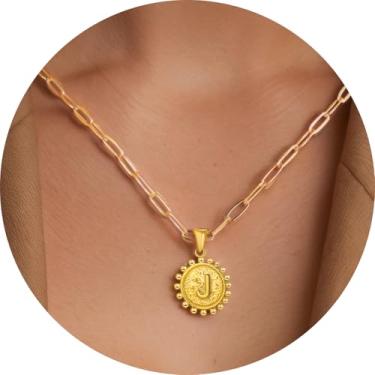 Imagem de Colar com inicial para mulheres, colar com pingente de letra, corrente de clipe de papel, joia de monograma, moeda do alfabeto, pronto em camadas, 14+2in, Aço inoxidável, Sem Pedra Preciosa