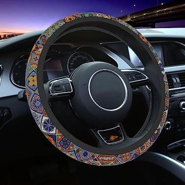 Imagem de Capa de volante de carro para mulheres e homens, antiderrapante mexicano Talavera, protetor de volante, universal de 35,5 a 38 cm, adequado para carros, SUVs, caminhões (azulejos mexicanos Talavera)