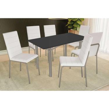 Imagem de Sala de Jantar Completa Elba Tampo Madeirado c/ Vidro 160cm e 6 Cadeiras Amsterdã Niquel/Preto - Corano Branco - Kappesberg