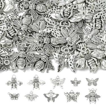 Imagem de UR URLIFEHALL 100 peças, 10 estilos, berloques de abelha tibetana borboleta antiga prata antiga pingentes de insetos para colar faça você mesmo, pulseira, acessórios para fazer joias
