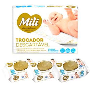 Imagem de Kit Trocador Descartável Mili + Lenço Umedecido Love Care (3 pacotes de 100 lenços)
