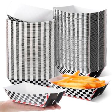 Imagem de MBAIYO 120 bandejas de comida xadrez preto e branco, suprimentos para festas temáticas de corrida, pratos quadriculados, bandejas de papel para nachos, cachorros-quentes, pipoca, decoração de festa de