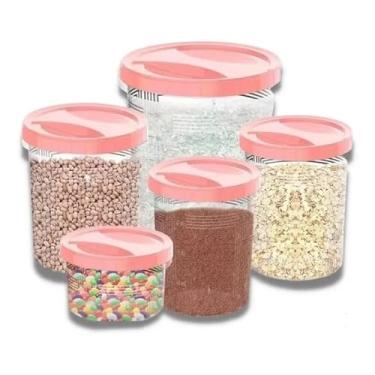 Imagem de Kit Conjunto de 5 Potes Porta Mantimento de Plástico Transparante para Alimentos com Tampa de Rosca, 5 Peças, Tamanho: 7,6 Litros, 4,5 Litros, 3,2 Litros, 1,8 Litros, 0,7 litros. Cor Rosa