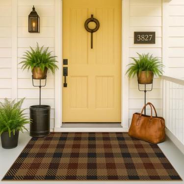 Imagem de Tapetes de porta vintage 7,5 x 12,7 cm, entrada externa - tapetes de outono de juta fáceis para pátio, varanda, cozinha, mudroom, lavável, marrom terroso e vermelho, decoração elegante xadrez