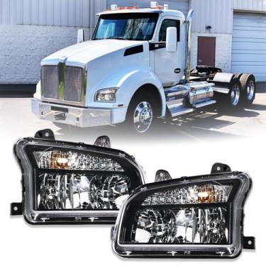 Imagem de Sterlix Par de faróis serve para Kenworth T880 2014-2023 lâmpadas de montagem de faróis para Kenworth T880 substituição do lado esquerdo e do passageiro lado direito T880 acessórios de caminhão (preto