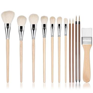 Imagem de ElevateTech Pincéis de esmalte de cerâmica, 12 peças de esfregão de cabelo de cabra e pincel de mistura para pintura acrílica, pincéis de cerâmica de cerdas macias, conjuntos de pincéis para cerâmica