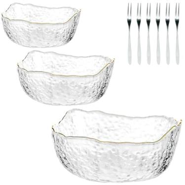 Imagem de Conjunto de tigelas de vidro douradas japonesas, conjunto robusto de 9 peças com tigelas pequenas, médias e grandes, 6 garfos incluídos, design refinado adequado para saladas, sobremesas, etc