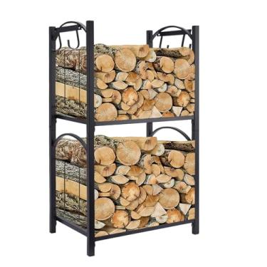 Imagem de Rack interno de lenha de 40 cm, suporte de 2 camadas com ganchos, armazenamento de madeira resistente para lareira, prateleiras de metal ajustáveis para empilhador, suporte para varanda de pátio ao ar