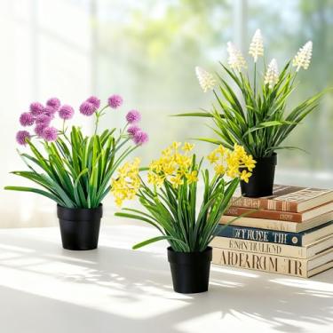 Imagem de Yarmare Pacote com 3 flores artificiais em vasos de plantas pequenas falsas para decoração de casa, planta de flores falsas, mini plantas artificiais para quarto, sala de estar, escritório, prateleira