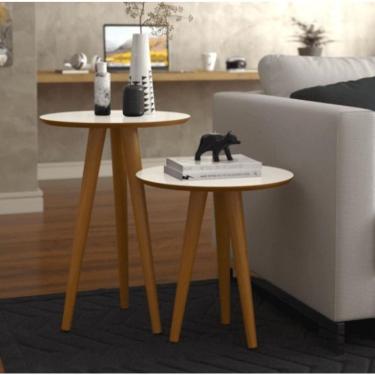 Imagem de Conjunto 2 Mesas Laterais Pés Palito Em Madeira 4202 Sala Off White-freijo