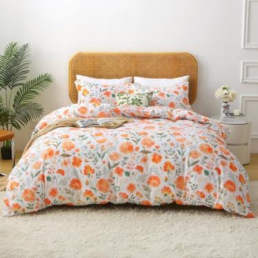Imagem de Mooreeke Conjunto de edredom floral King Size, estampa botânica de flor laranja para todas as estações, cama vintage de 3 peças em uma bolsa com edredom acolchoado fofo reversível e 2 fronhas