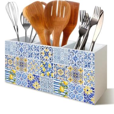 Imagem de YTRGI Caneta de limão mediterrânea italiana, lápis de cozinha, pincel de cozinha, organizador de utensílios de maquiagem para mesa, decoração de limão mediterrâneo, placa de madeira azul e branca para