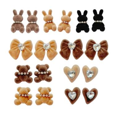Imagem de Enfeites de acrílico flocado, 18 peças mini urso felpudo coelho laço coração resina costas planas para artesanato DIY, scrapbooking, artesanato de Natal (marrom)