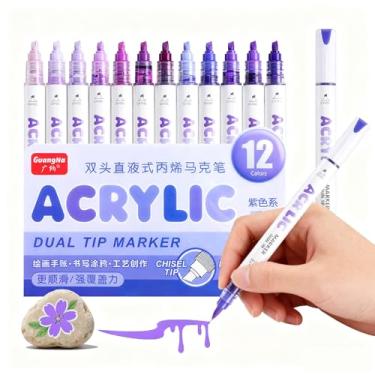 Imagem de kander Marcadores de tinta acrílica de ponta dupla de 12 cores, cor roxa — Conjunto de canetas de pincel extrafino e macio com fluxo de tinta direto para esboçar, detalhar, colorir em madeira, tela