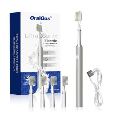Imagem de OralGos Escova de Dentes Elétrica Sônica para Adultos, Cerdas Macias, 3 Modos de Limpeza, 4 Cabeças Extras, Recarregável USB, IPX7 à Prova d’Água (Prata)