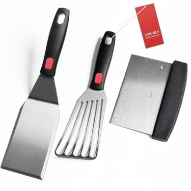 Imagem de Conjunto de espátula de aço inoxidável com alça de silicone resistente ao calor, espátulas de metal Vovoly para uso na cozinha, espátula de hambúrguer de esmagamento espessa, flipper de peixe