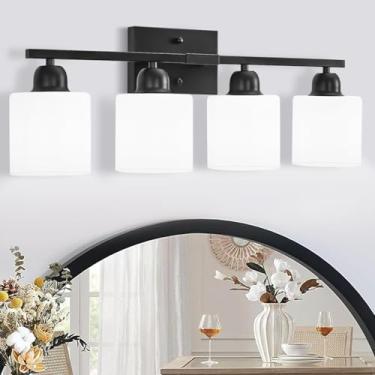Imagem de Luminárias pretas para banheiro, luminária de banheiro de 4 luzes com persianas de vidro fosco branco leitoso, lâmpada de parede com soquete E26, luminárias modernas sobre o espelho do quarto