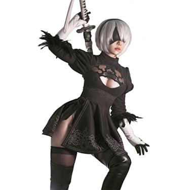 Imagem de AKTOTO NieR: Automata 2b Cosplay vestido preto e peruca animação cosplay fantasia de Halloween com luvas