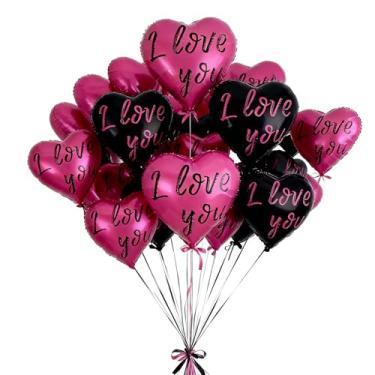 Imagem de KALOR Balões de coração preto e rosa choque, 12 peças de balões de alumínio em forma de coração de 45,7 cm para o dia dos namorados, casamento, chá de panela e decorações de festa de aniversário