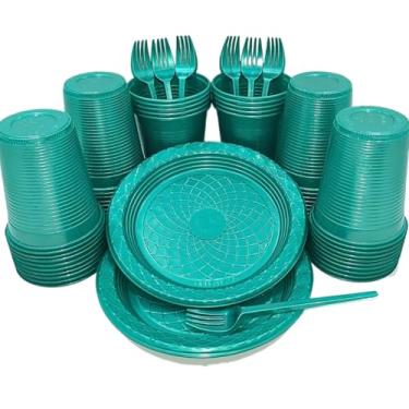 Imagem de Kit 300 Itens Festa Aniversário Descartáveis Plástico Colorido Perolado 100 Pessoas Completo Pratinho Garfinhos Copos (Verde Perolado)