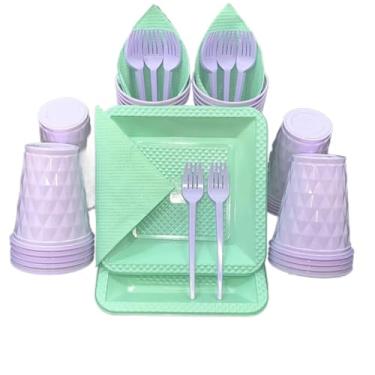 Imagem de Kit Festa Aniversario 180 Itens Candy Descartavel Diamante Premium C/Pratos Copos Garfinho Cor Pastel Azul Rosa Amarelo (Lilás Verde Candy)