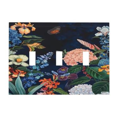 Imagem de Nadoabtm Placa decorativa para interruptor de luz vibrante borboleta floral fundo escuro 3 gangues placa de parede tampa de tomada elétrica capas de placa de interruptor triplo para decoração de sala