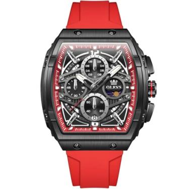 Imagem de OLEVS Relógios masculinos Tonneau Square, resistente à água, relógio masculino, multifuncional, fase, da lua, com três ponteiros, Face preta/pulseira vermelha, men-standard, Relógio casual