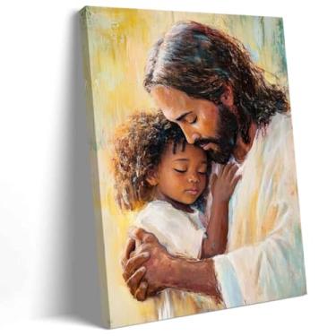 Imagem de ZSHARTSWD Arte de parede cristã Jesus segurando menina preta impressões em tela imagens de histórias religiosas da Bíblia pintura de Deus para quarto de bebê menina decoração de casa emoldurada