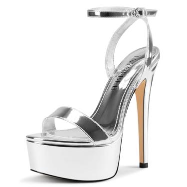 Imagem de TNYNFBEB Sandália feminina stiletto salto plataforma alta bico aberto tira no tornozelo fivela vestido de casamento bonito couro envernizado verão 15 centímetros salto, Prata, 40