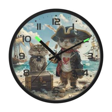Imagem de SEHANY Relógio de parede engraçado de gato pirata, silencioso, sem tique-taque, operado por bateria, controle de som, luz noturna, relógios de parede para sala de estar, cozinha, quarto, escritório
