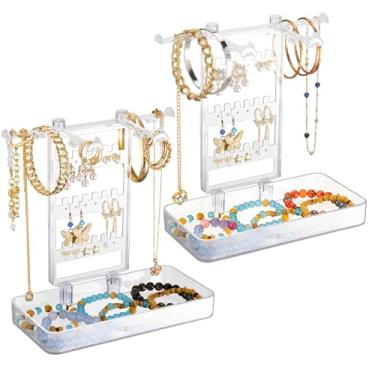 Imagem de NiHome Suporte de exibição de joias de acrílico com bandeja – pulseira e brinco transparentes, organizador de colar, armazenamento de joias que economiza espaço para penteadeira e quarto