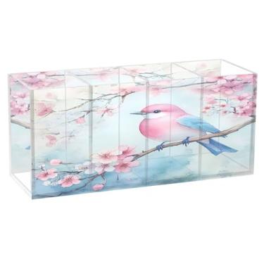 Imagem de SEHANY Lindo porta-canetas de acrílico com flores em aquarela, pássaro, 4 compartimentos, porta-lápis transparente, organizador de pincéis de maquiagem, organizador de papelaria para escritório, casa