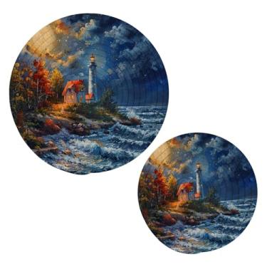 Imagem de Blueangle 2 peças de suporte de panela de tripé de pintura a óleo para farol - conjunto de pegadores de panela de tecido redondo - almofadas quentes trançadas de algodão - porta-copos - tapetes de