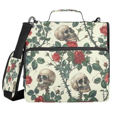 Imagem de SEHANY Fichário com zíper de caveira e flor com alça de ombro, capacidade para 500 folhas, vários bolsos, fichário com 3 anéis e zíper de 3 anéis