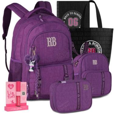Imagem de Kit Mochila RB Rebecca Bonbon Crinkle Estojo Lancheira Reforçada, Roxo