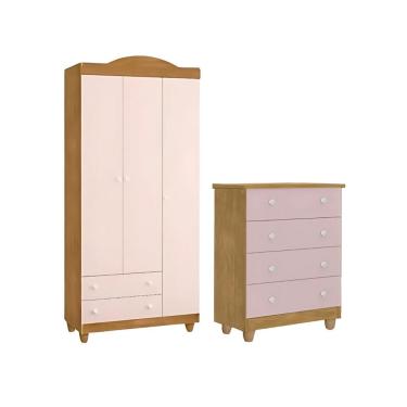 Imagem de Kit Lara Cômoda E Guarda Roupas Clean Moderno Mdf Resistente Rosa Nature