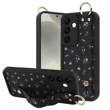 Imagem de OOK Capa compatível com Samsung Galaxy S24 Plus com alça de pulso, linda flor floral preta TPU à prova de choque capa fina com proteção para câmera para mulheres e meninas, para 17 cm