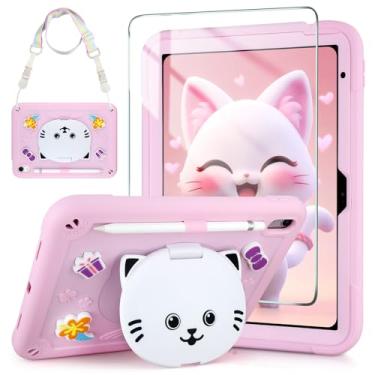 Imagem de VOFUOE Capa para iPad (A16) 11ª geração 2025, iPad 10ª geração 2022 10,9 polegadas crianças com protetor de tela alça de ombro suporte de gato fofo 3D suporte para lápis capa protetora rígida - rosa