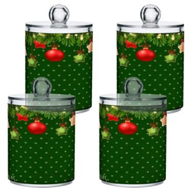 Imagem de STAYTOP 4 frascos de boticário com dispensador Qtip para banheiro com etiquetas – Recipiente de armazenamento Qtip de plástico transparente para bola de algodão, cotonete, grão de café - Feliz Natal