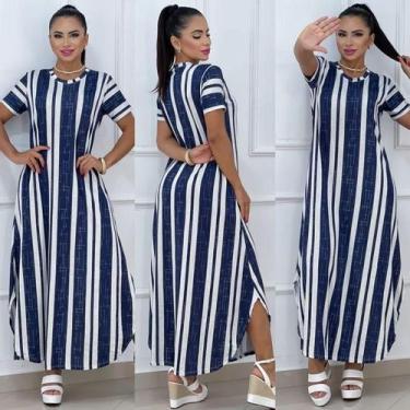 Imagem de Vestido Feminino Longo Listrado Fenda Lateral Único Veste 38 ao 48 Ver