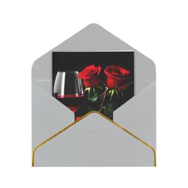Imagem de SKKNT Cartões de felicitações para todas as ocasiões com estampa romântica para amantes de rosas vermelhas e vinho versáteis com envelopes 11,4 x 15,2 cm