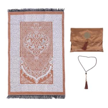 Imagem de Tnfeeon Tapete de Oração Islâmico Autêntico Muçulmano Grosso Macio Bordado Com Borla para Homens Mulheres Meditação Viagem Portátil Com Saco de Armazenamento Contas de Oração (Cor Café)