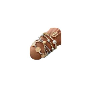 Imagem de XIAOMOJEW Pulseiras femininas com contas punk empilháveis douradas e prateadas com contas elásticas e pérolas, One Size, Liga de aço, Sem Pedra Preciosa