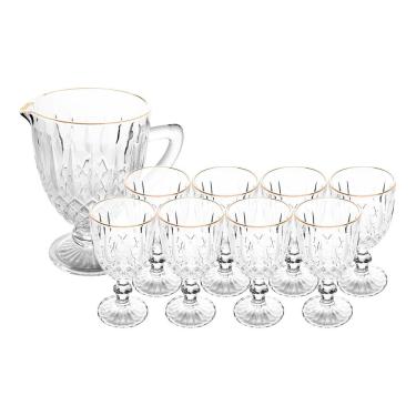 Imagem de Jogo Jarra 1l Greek Com 8 Taças De Vidro 345ml Fio De Ouro Borda Dourada água Suco Wolff